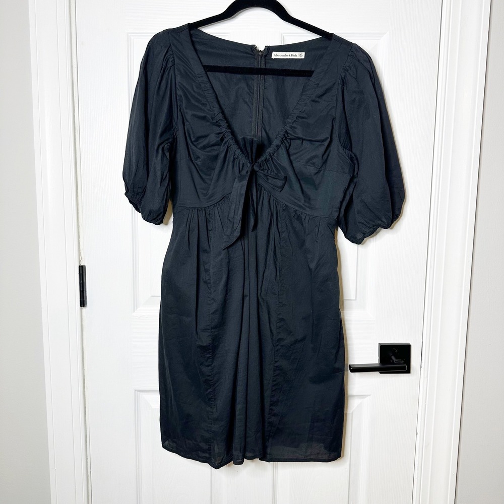 Abercrombie & Fitch Tie-Front‎ Puff Sleeve Mini Dress Size Medium Tall Black - Picture 2 of 5